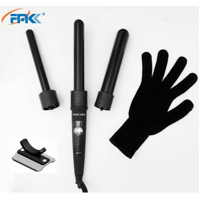 3 in 1 interchangeable curling iron with safe stand and heat resistant glove